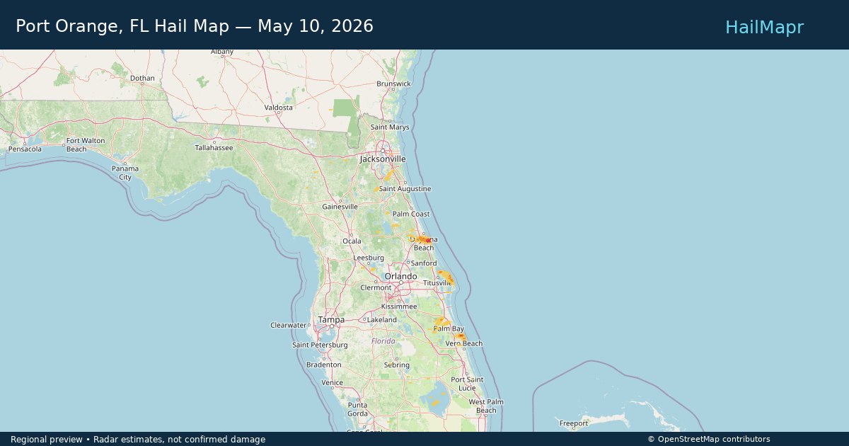 Port Orange, FL Hail Map — May 10, 2026 — regional heatmap and storm polygons
