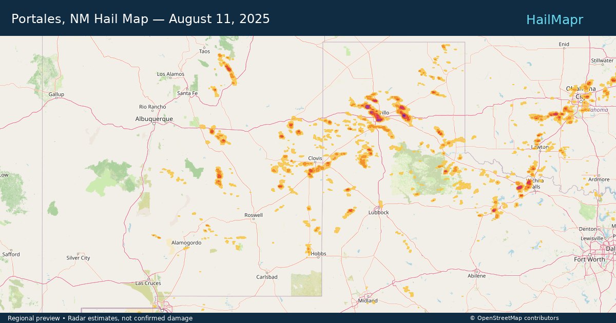 Portales, NM Hail Map — August 11, 2025 — regional heatmap and storm polygons