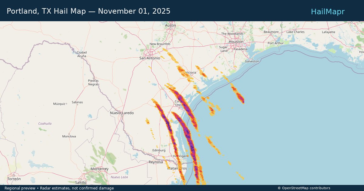 Portland, TX Hail Map — November 01, 2025 — regional heatmap and storm polygons