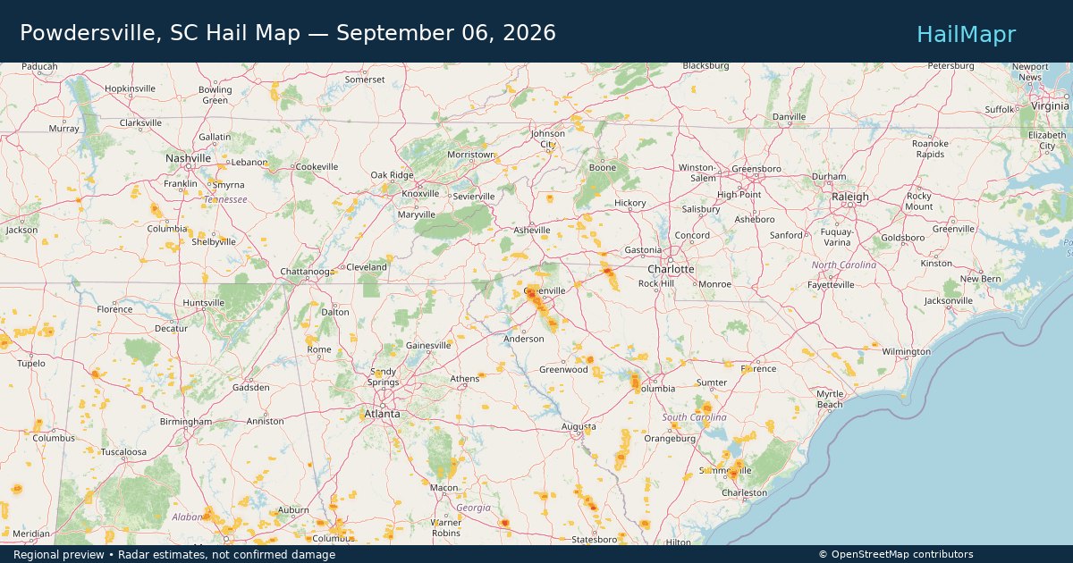 Powdersville, SC Hail Map — September 06, 2026 — regional heatmap and storm polygons