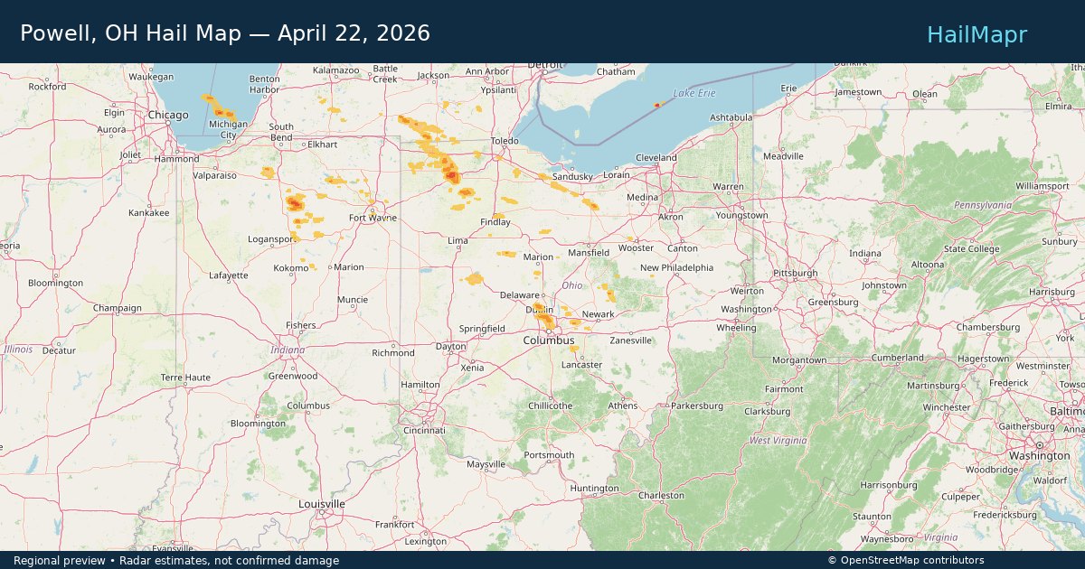 Powell, OH Hail Map — April 22, 2026 — regional heatmap and storm polygons