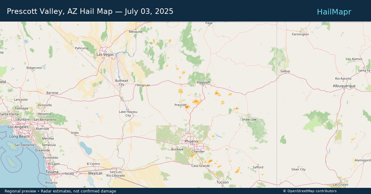 Prescott Valley, AZ Hail Map — July 03, 2025 — regional heatmap and storm polygons