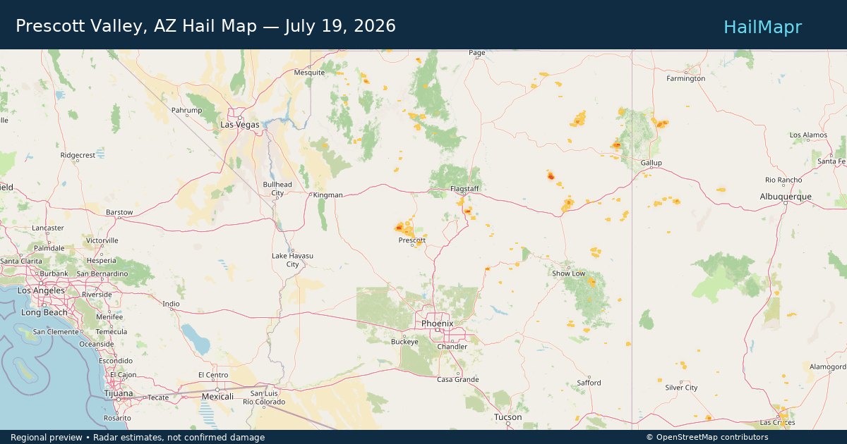 Prescott Valley, AZ Hail Map — July 19, 2026 — regional heatmap and storm polygons