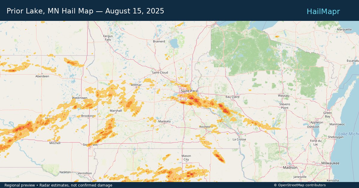 Prior Lake, MN Hail Map — August 15, 2025 — regional heatmap and storm polygons