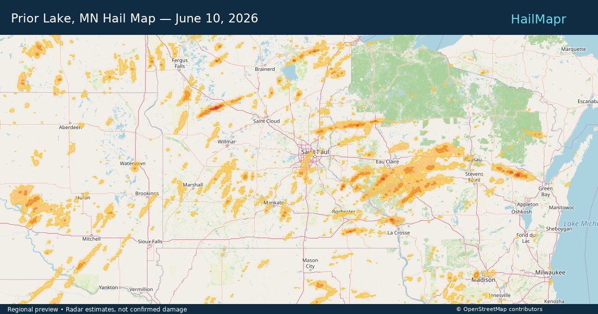 Prior Lake, MN Hail Map — June 10, 2026 — regional heatmap and storm polygons