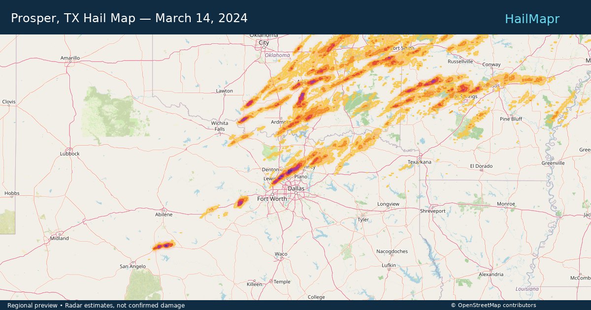 Prosper, TX Hail Map — March 14, 2024 — regional heatmap and storm polygons