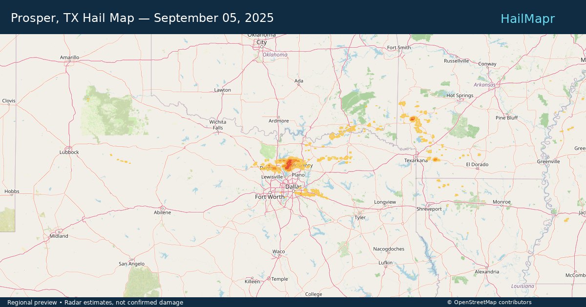 Prosper, TX Hail Map — September 05, 2025 — regional heatmap and storm polygons
