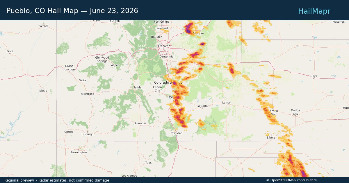 Pueblo, CO Hail Map — June 23, 2026 — regional heatmap and storm polygons
