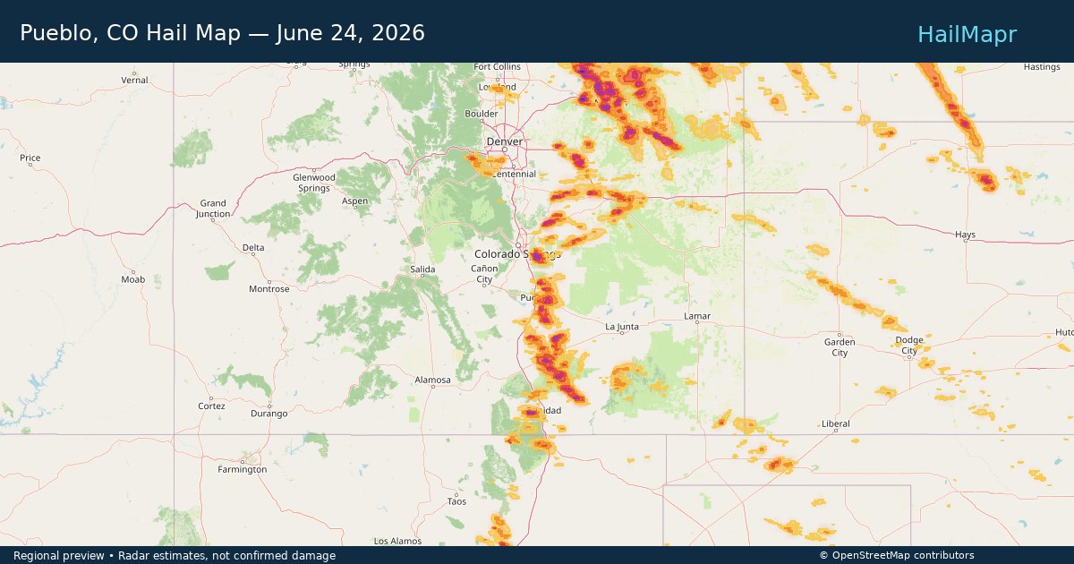 Pueblo, CO Hail Map — June 24, 2026 — regional heatmap and storm polygons