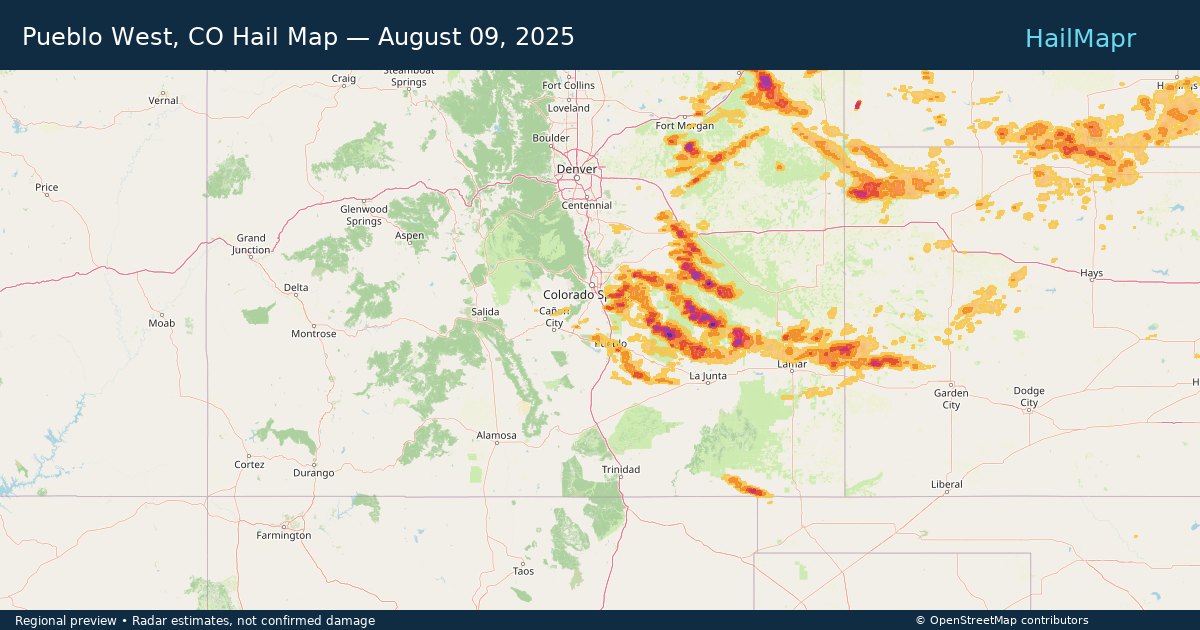 Pueblo West, CO Hail Map — August 09, 2025 — regional heatmap and storm polygons