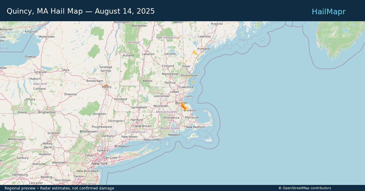 Quincy, MA Hail Map — August 14, 2025 — regional heatmap and storm polygons
