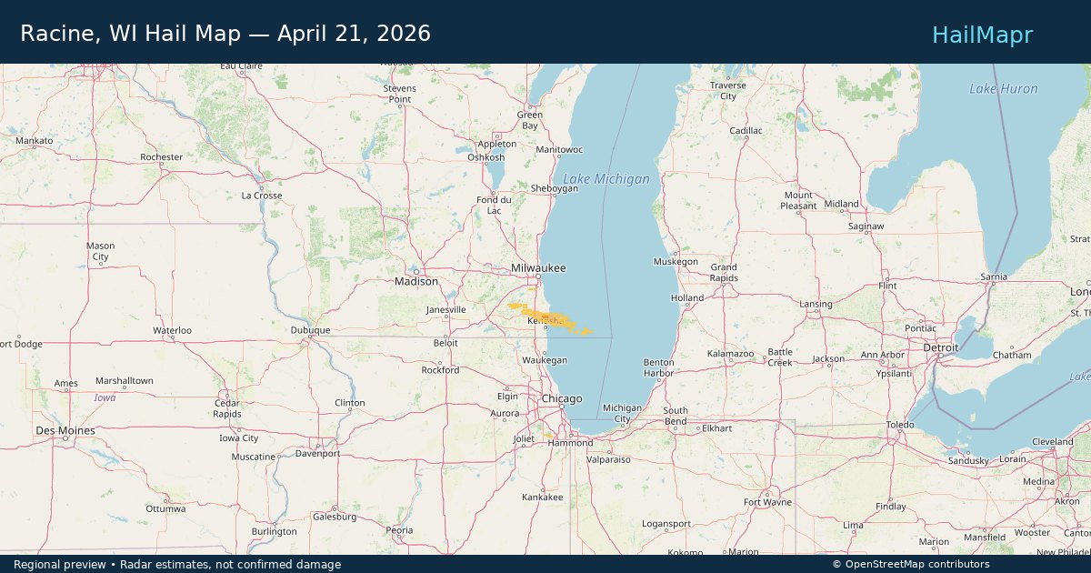 Racine, WI Hail Map — April 21, 2026 — regional heatmap and storm polygons