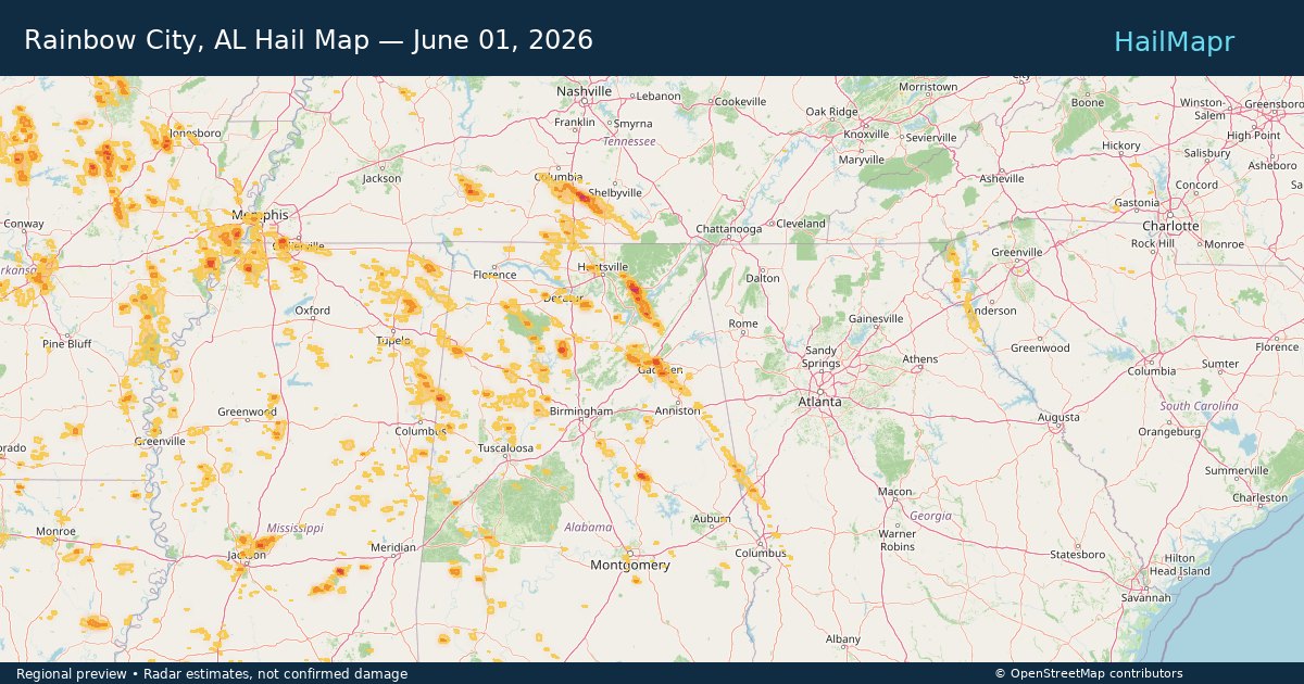 Rainbow City, AL Hail Map — June 01, 2026 — regional heatmap and storm polygons