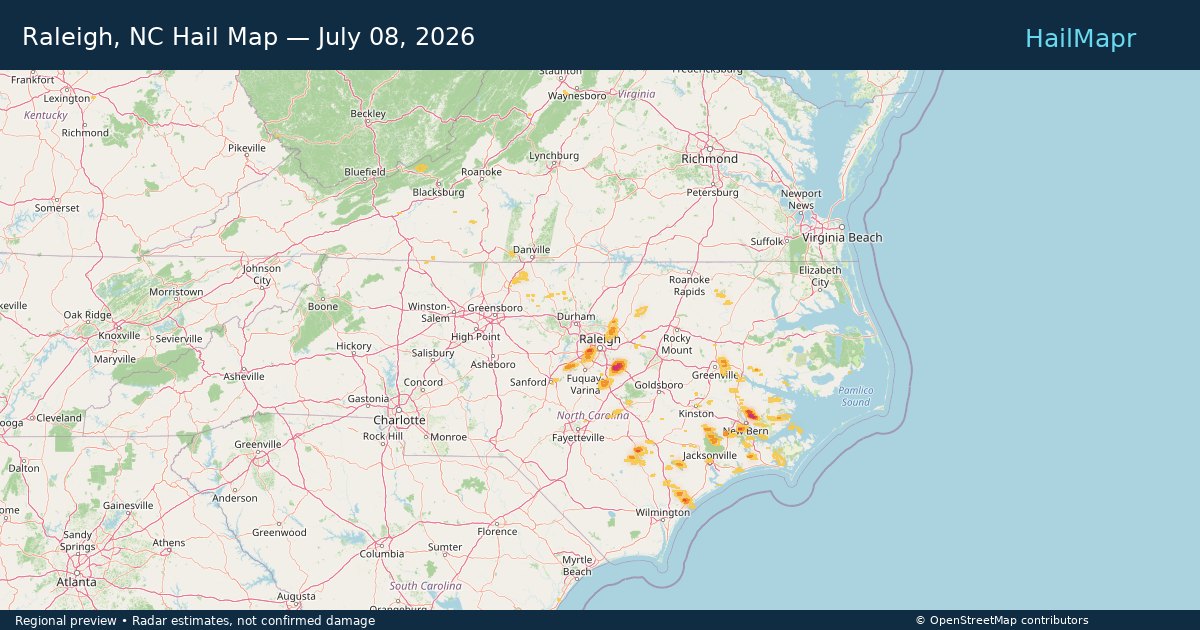 Raleigh, NC Hail Map — July 08, 2026 — regional heatmap and storm polygons