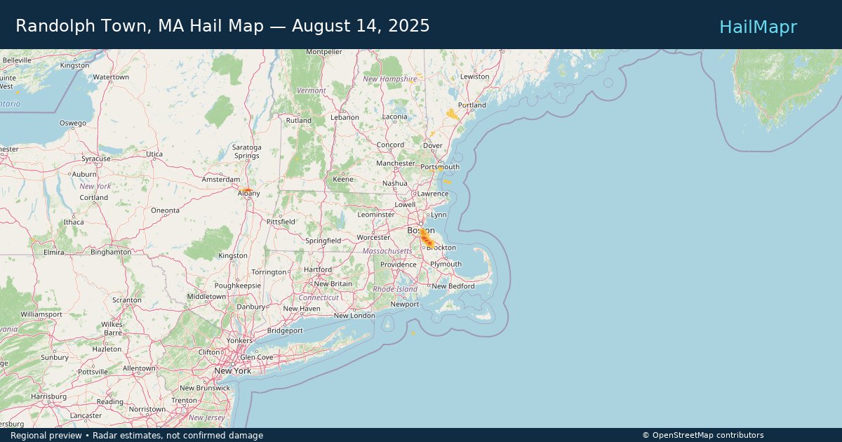 Randolph Town, MA Hail Map — August 14, 2025 — regional heatmap and storm polygons