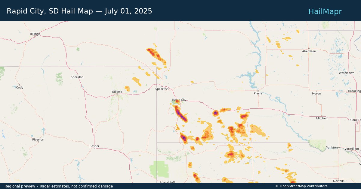 Rapid City, SD — July 01, 2025 — regional hail footprint preview