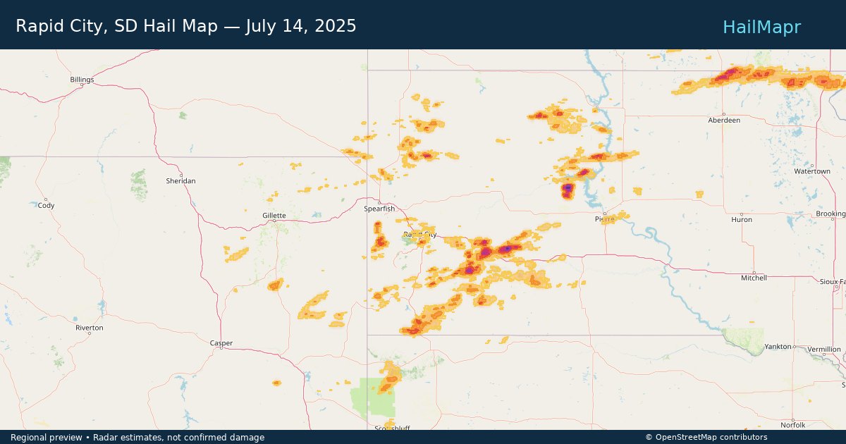 Rapid City, SD Hail Map — July 14, 2025 — regional heatmap and storm polygons