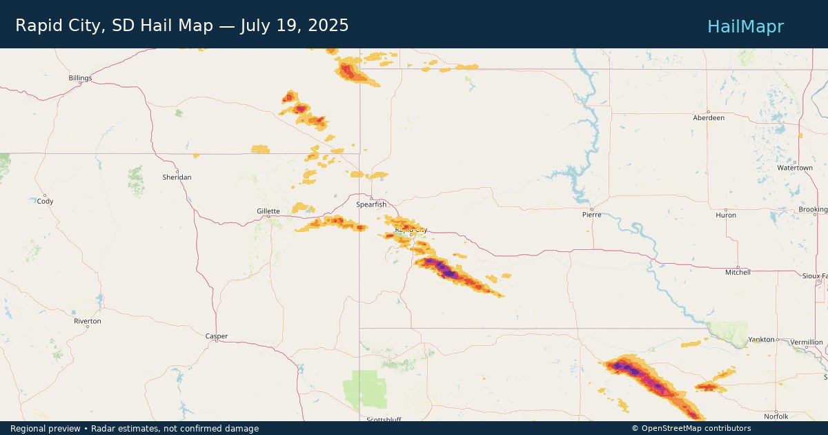 Rapid City, SD Hail Map — July 19, 2025 — regional heatmap and storm polygons