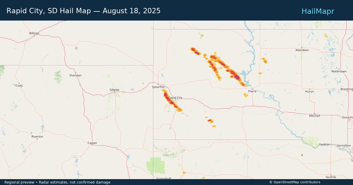 Rapid City, SD Hail Map — August 18, 2025 — regional heatmap and storm polygons