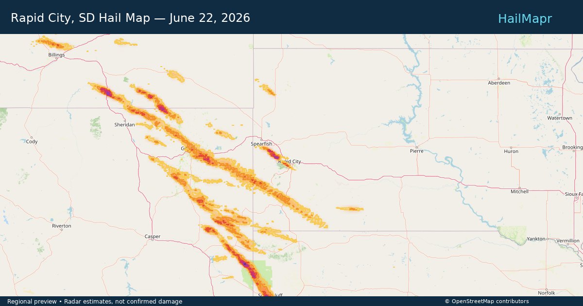 Rapid City, SD Hail Map — June 22, 2026 — regional heatmap and storm polygons