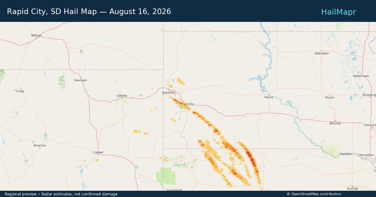 Rapid City, SD Hail Map — August 16, 2026 — regional heatmap and storm polygons