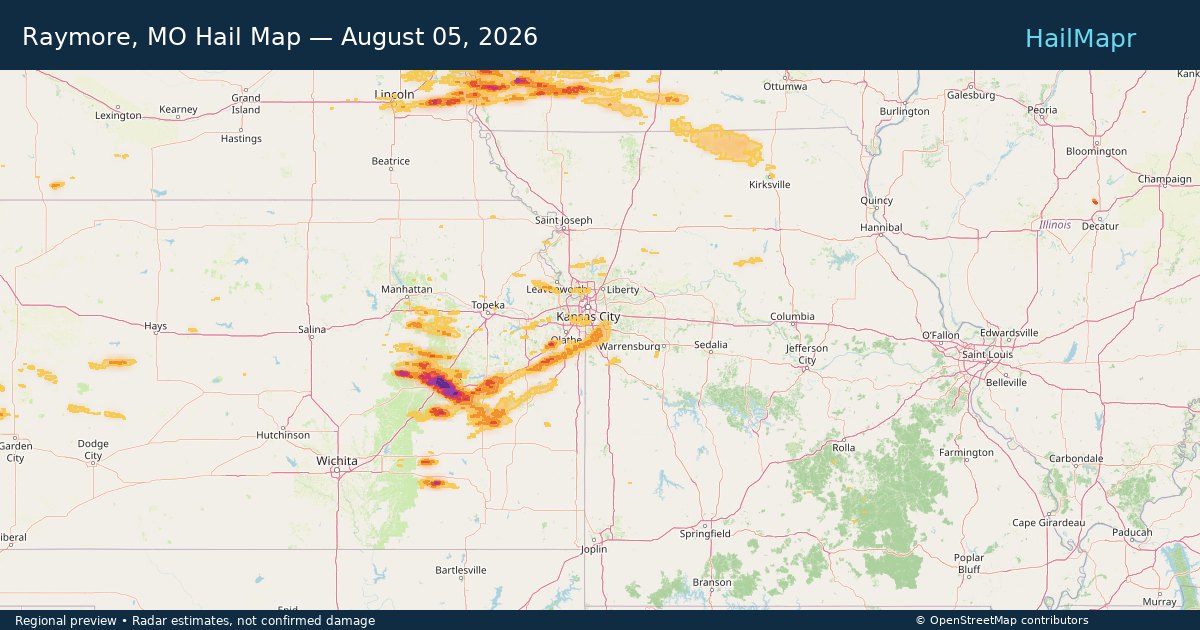 Raymore, MO Hail Map — August 05, 2026 — regional heatmap and storm polygons