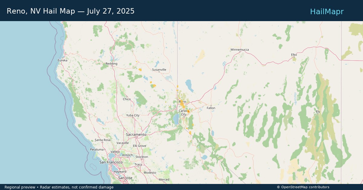 Reno, NV Hail Map — July 27, 2025 — regional heatmap and storm polygons