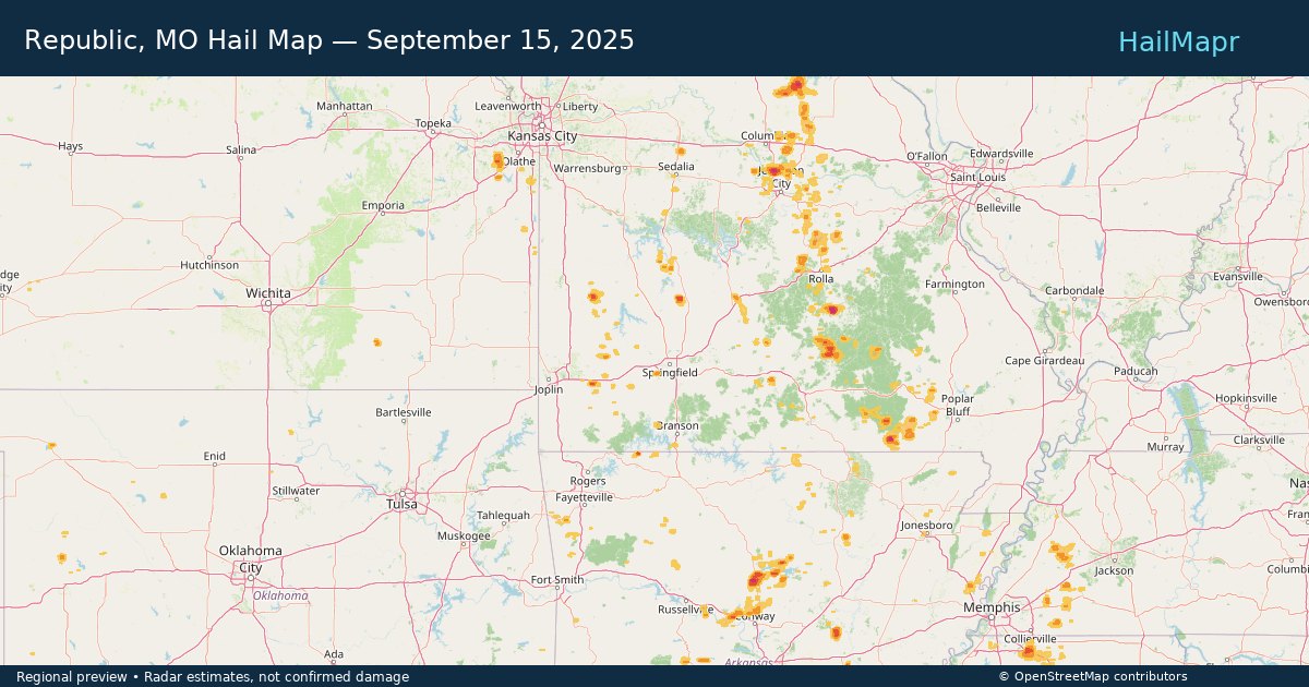 Republic, MO Hail Map — September 15, 2025 — regional heatmap and storm polygons