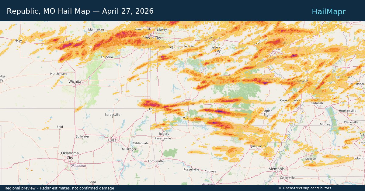 Republic, MO Hail Map — April 27, 2026 — regional heatmap and storm polygons