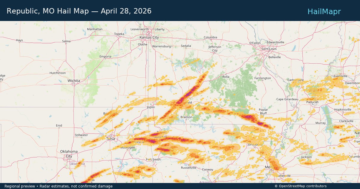Republic, MO Hail Map — April 28, 2026 — regional heatmap and storm polygons