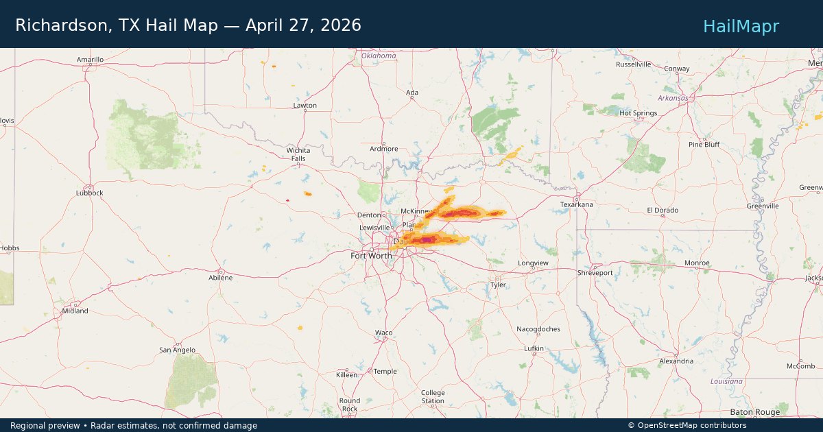 Richardson, TX Hail Map — April 27, 2026 — regional heatmap and storm polygons