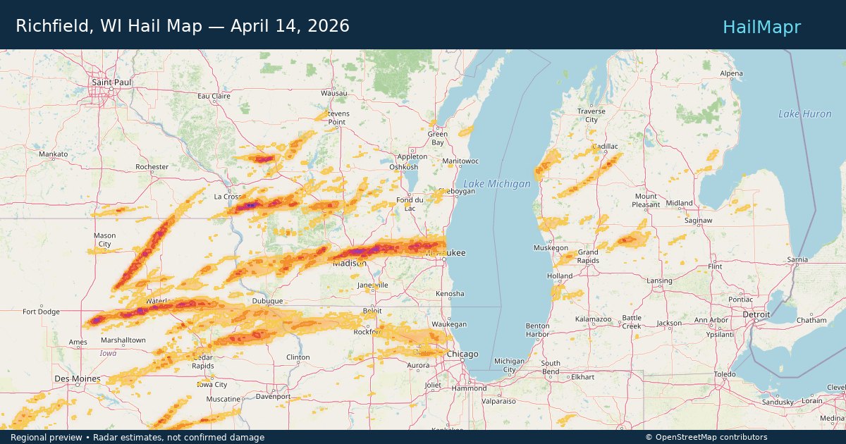 Richfield, WI Hail Map — April 14, 2026 — regional heatmap and storm polygons