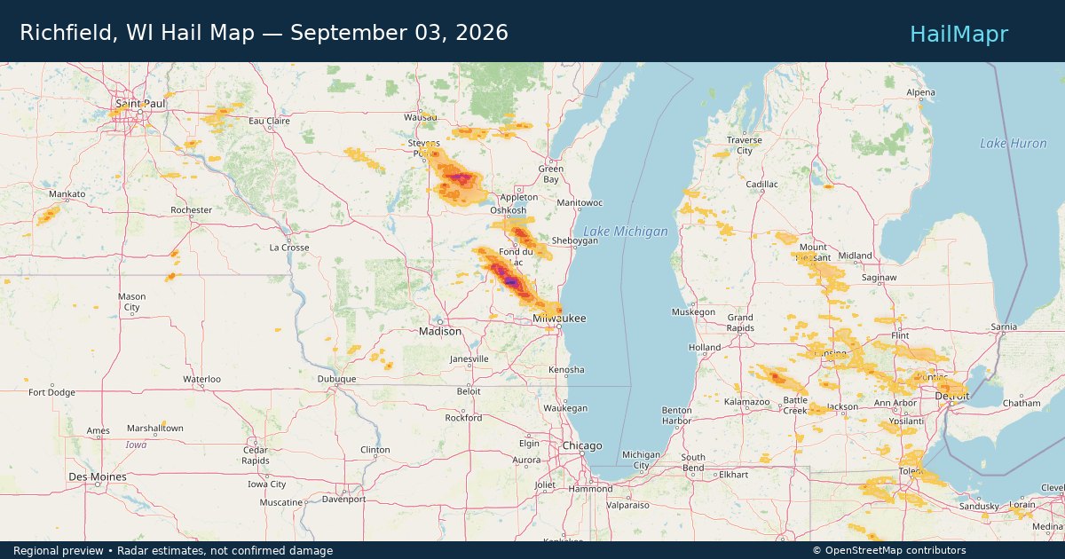 Richfield, WI Hail Map — September 03, 2026 — regional heatmap and storm polygons