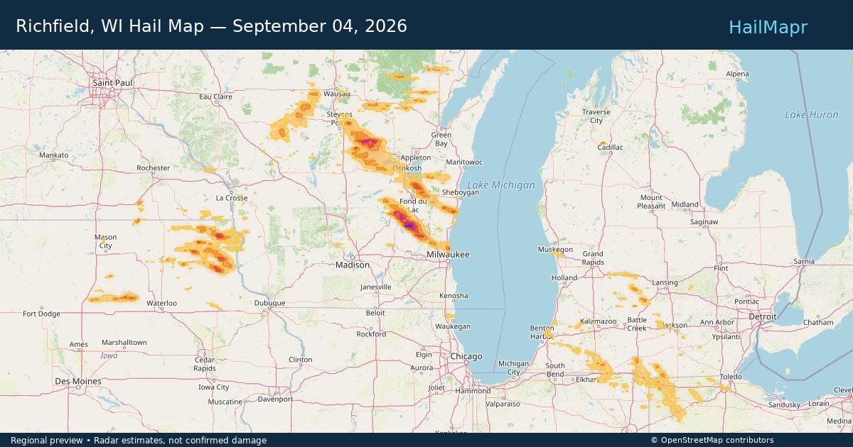Richfield, WI Hail Map — September 04, 2026 — regional heatmap and storm polygons