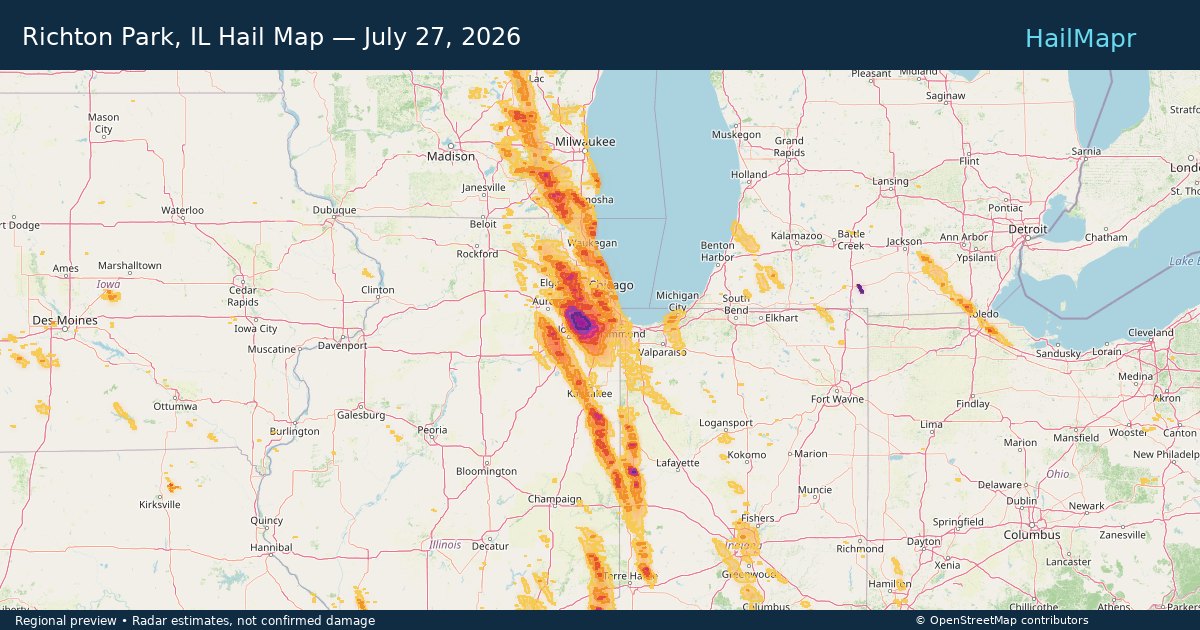 Richton Park, IL Hail Map — July 27, 2026 — regional heatmap and storm polygons