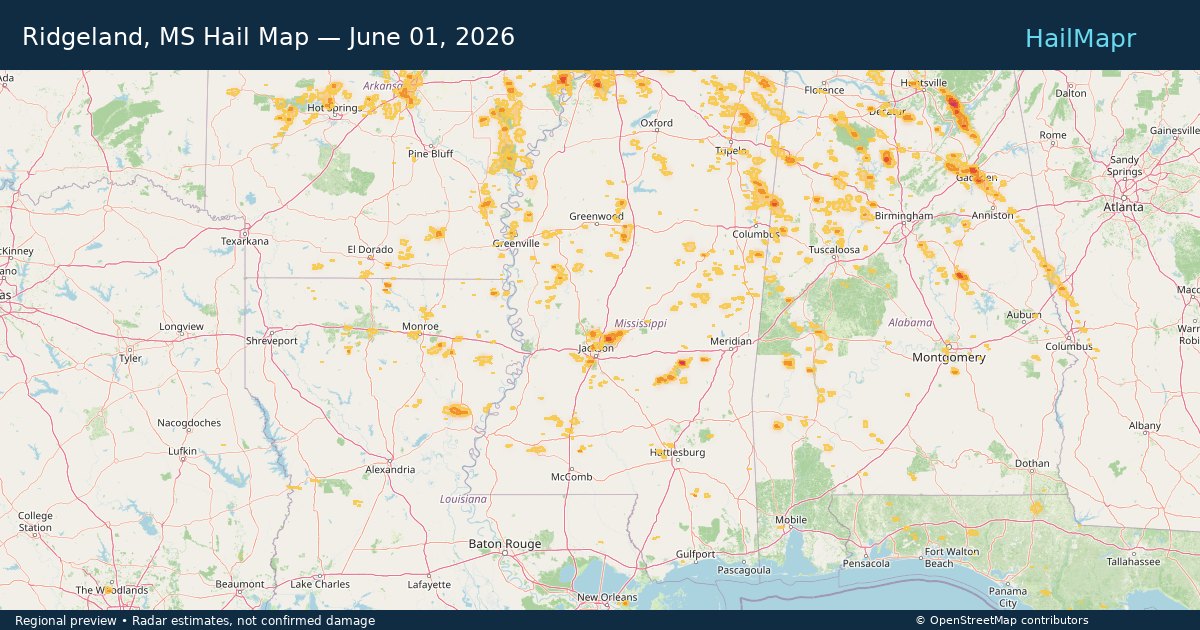 Ridgeland, MS Hail Map — June 01, 2026 — regional heatmap and storm polygons