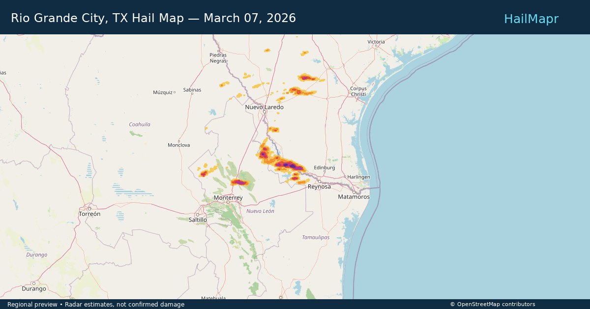 Rio Grande City, TX Hail Map — March 07, 2026 — regional heatmap and storm polygons