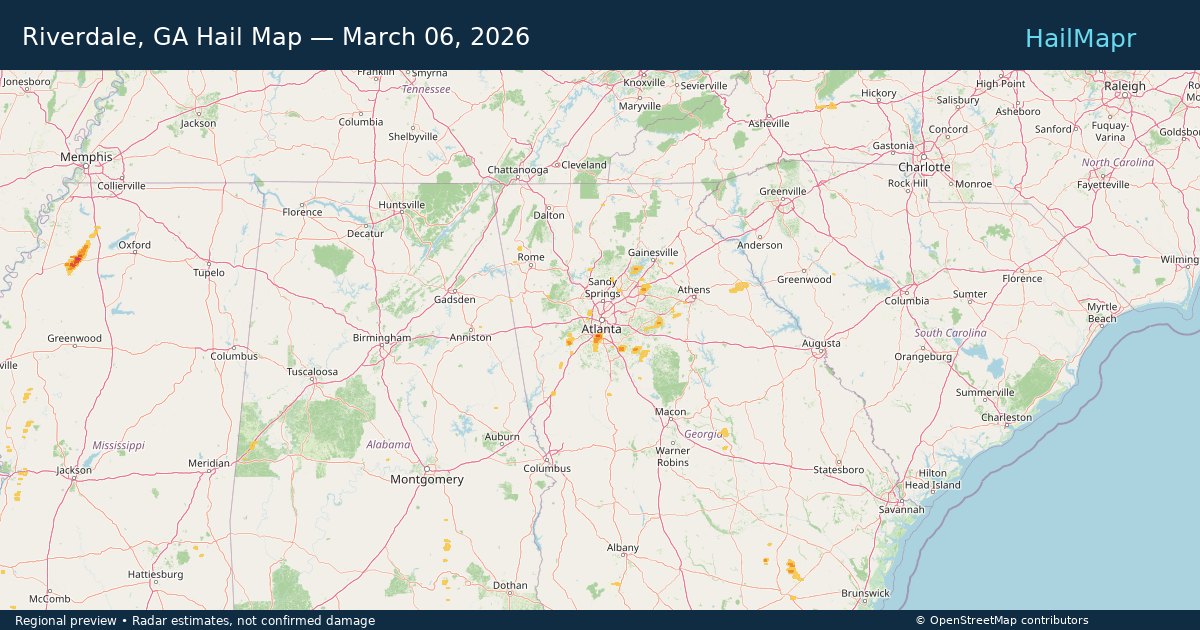 Riverdale, GA Hail Map — March 06, 2026 — regional heatmap and storm polygons