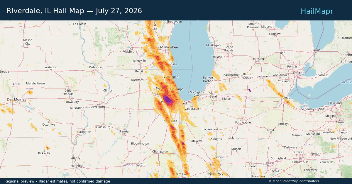 Riverdale, IL Hail Map — July 27, 2026 — regional heatmap and storm polygons