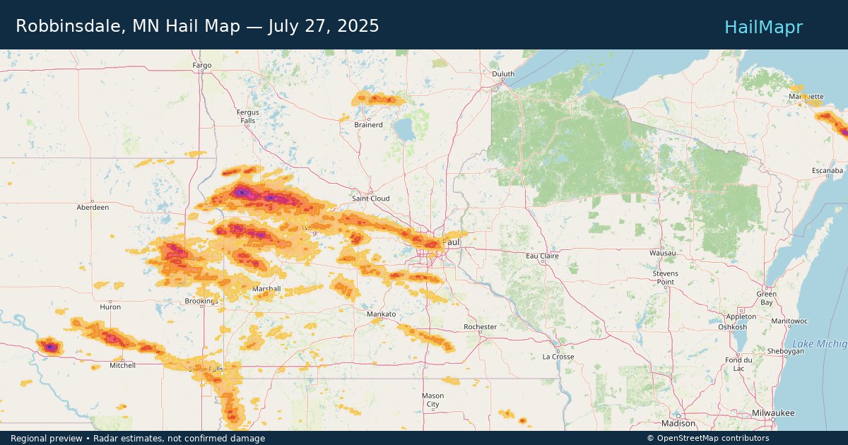 Robbinsdale, MN Hail Map — July 27, 2025 — regional heatmap and storm polygons