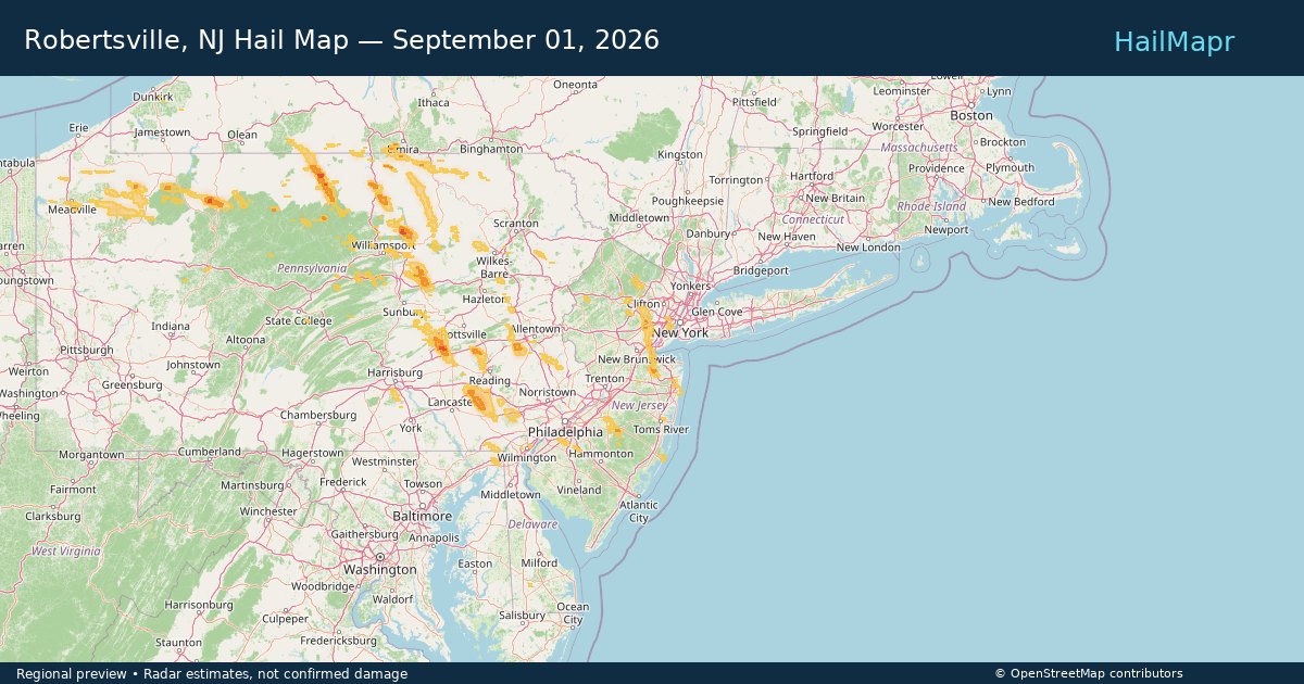 Robertsville, NJ Hail Map — September 01, 2026 — regional heatmap and storm polygons
