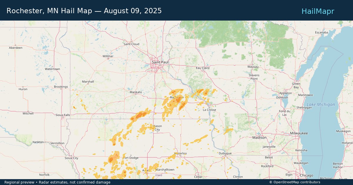 Rochester, MN Hail Map — August 09, 2025 — regional heatmap and storm polygons