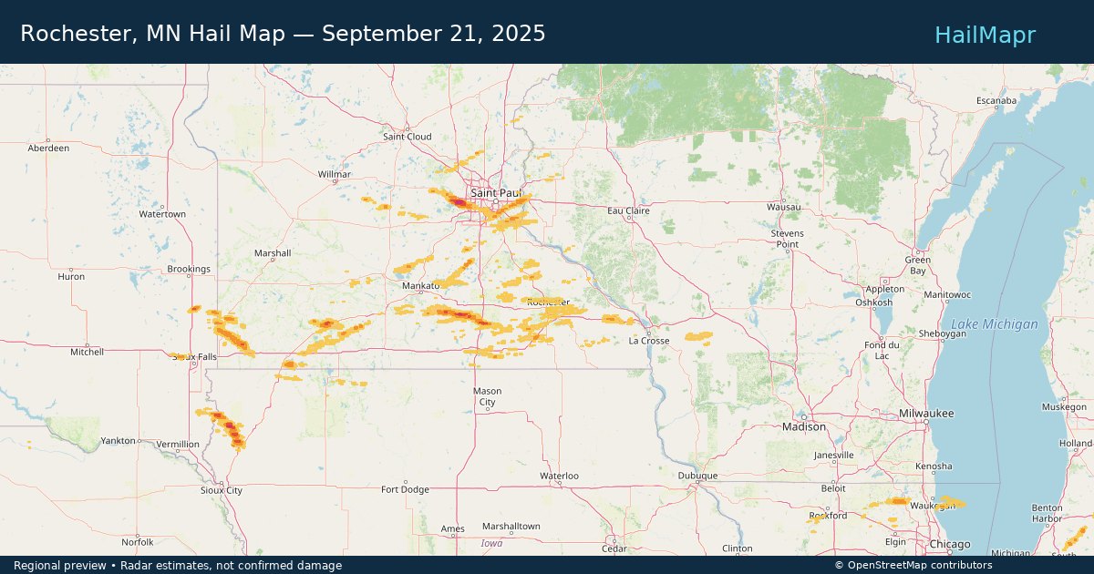 Rochester, MN Hail Map — September 21, 2025 — regional heatmap and storm polygons