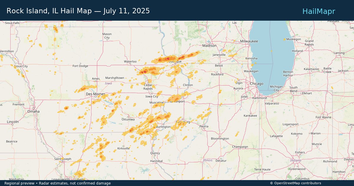 Rock Island, IL Hail Map — July 11, 2025 — regional heatmap and storm polygons