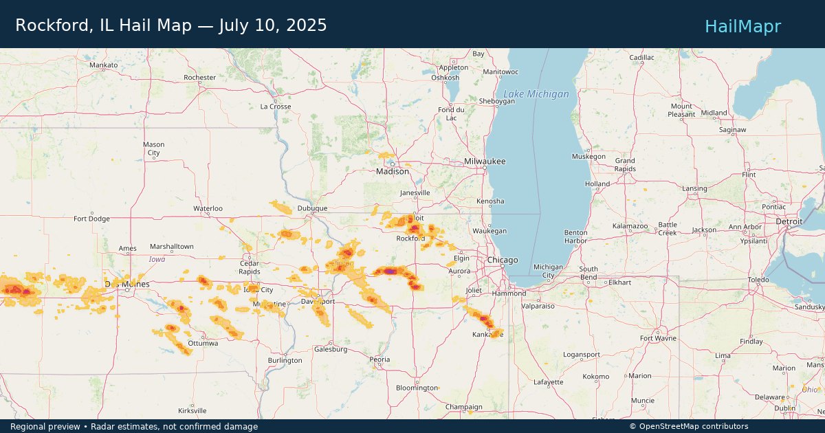 Rockford, IL Hail Map — July 10, 2025 — regional heatmap and storm polygons