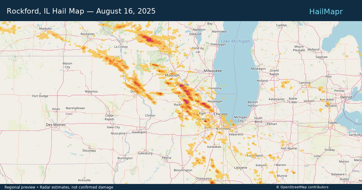 Rockford, IL Hail Map — August 16, 2025 — regional heatmap and storm polygons