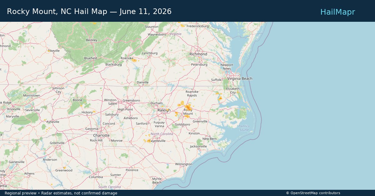 Rocky Mount, NC Hail Map — June 11, 2026 — regional heatmap and storm polygons