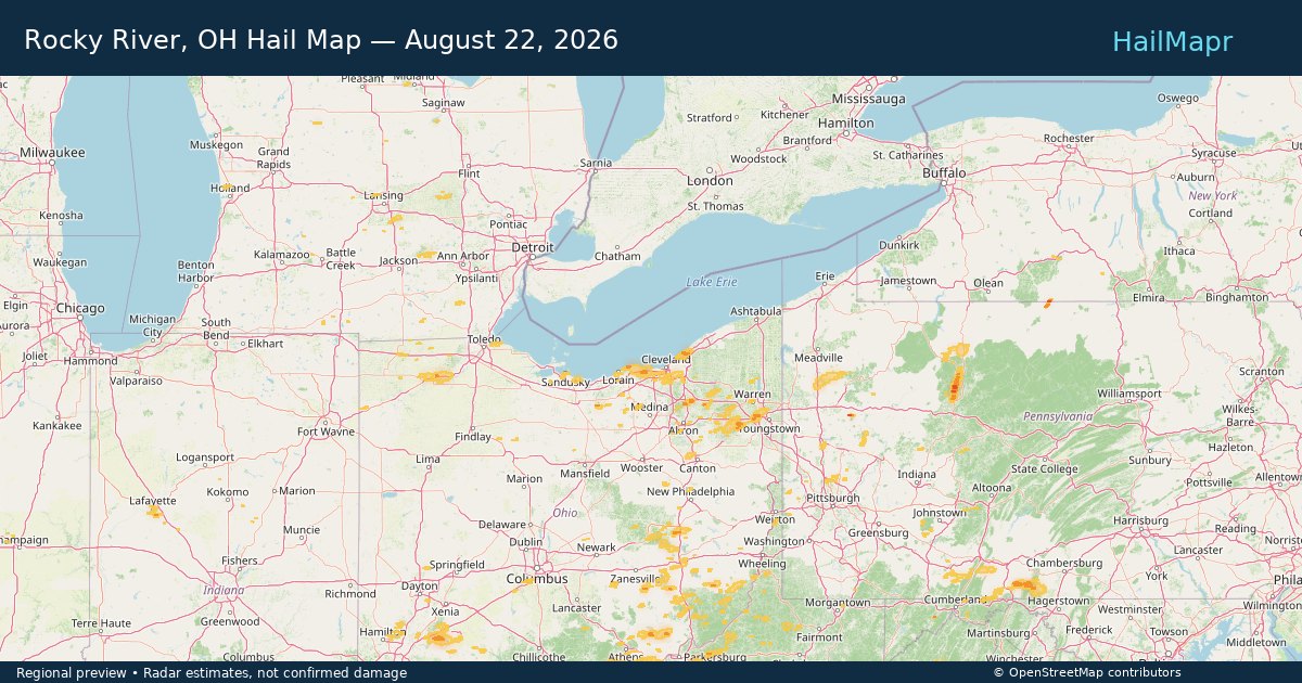 Rocky River, OH Hail Map — August 22, 2026 — regional heatmap and storm polygons
