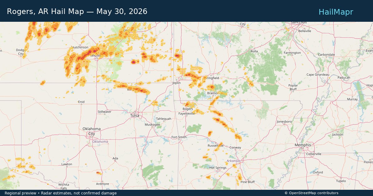 Rogers, AR Hail Map — May 30, 2026 — regional heatmap and storm polygons