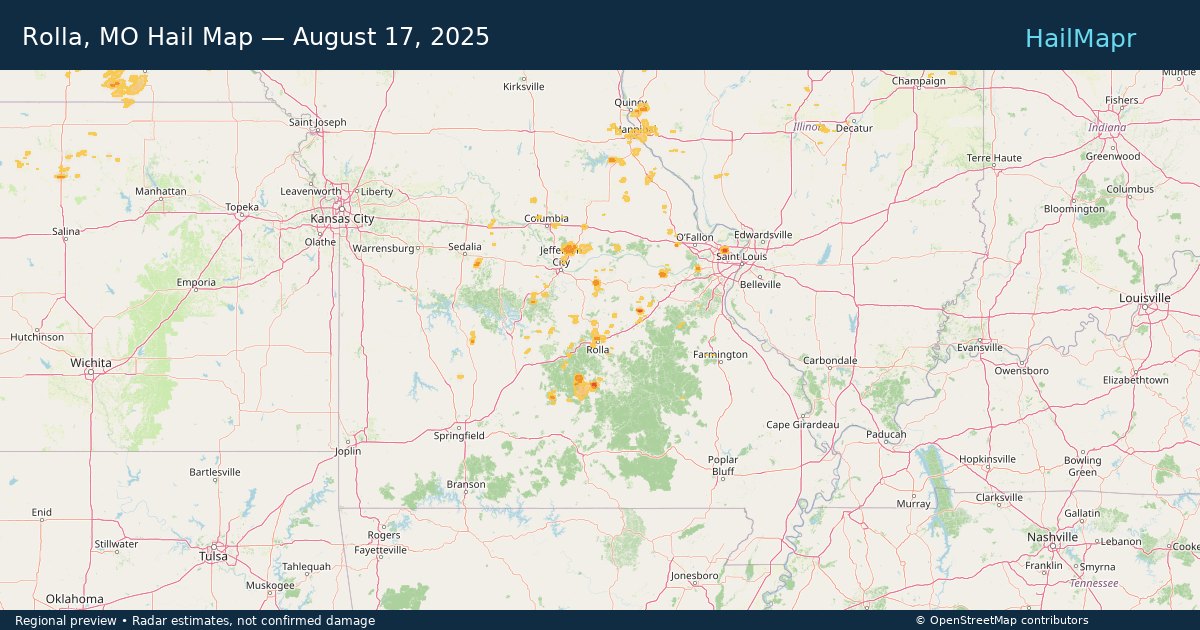 Rolla, MO Hail Map — August 17, 2025 — regional heatmap and storm polygons